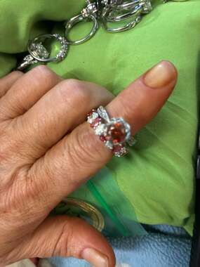 Red Garnet Round Halo Engagement Ring and Eternity Band Set